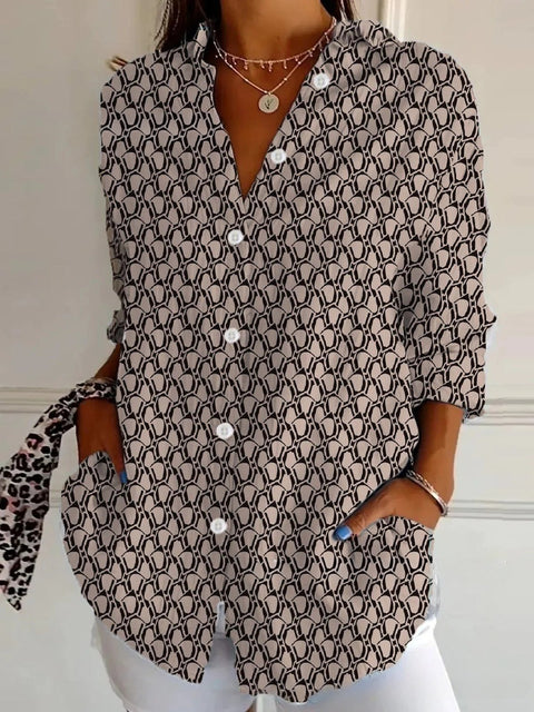 3D digital printing abstract pattern women's long-sleeved buckle linen shirt m302749-01