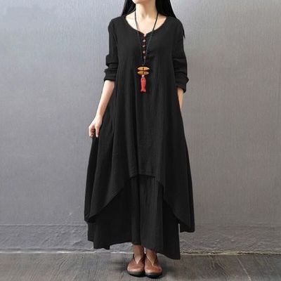 Spring and Autumn Break two-piece long dress literary pendulum linen dress loose long-sleeved cotton and linen skirt m302521