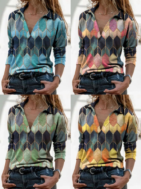 Women's V-neck women's top geometric rhombus plaid pattern T-shirt m301870