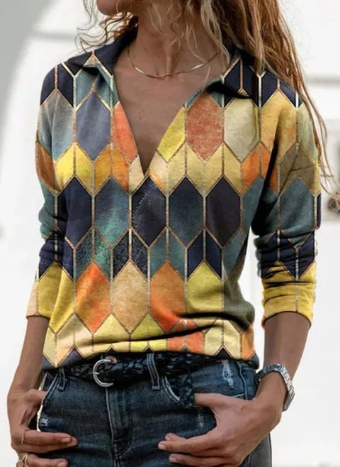 Women's V-neck women's top geometric rhombus plaid pattern T-shirt m301870