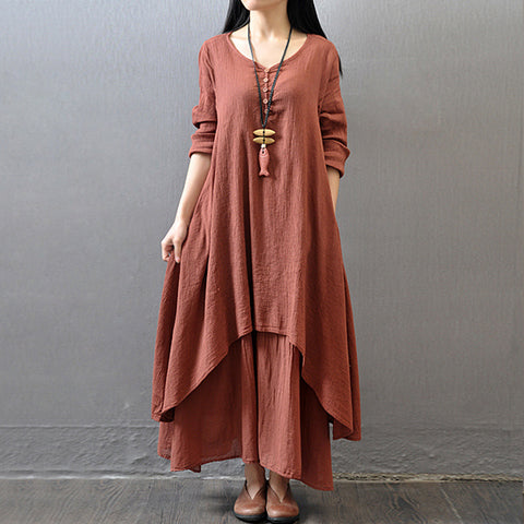 Spring and Autumn Break two-piece long dress literary pendulum linen dress loose long-sleeved cotton and linen skirt m302521
