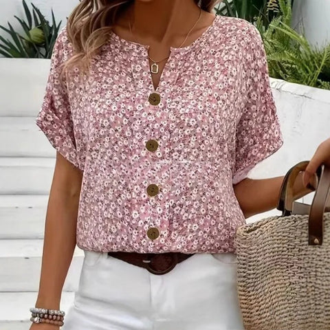 Plant Jacquard V-Neck T-Shirt Short Sleeve Women's Casual m302704