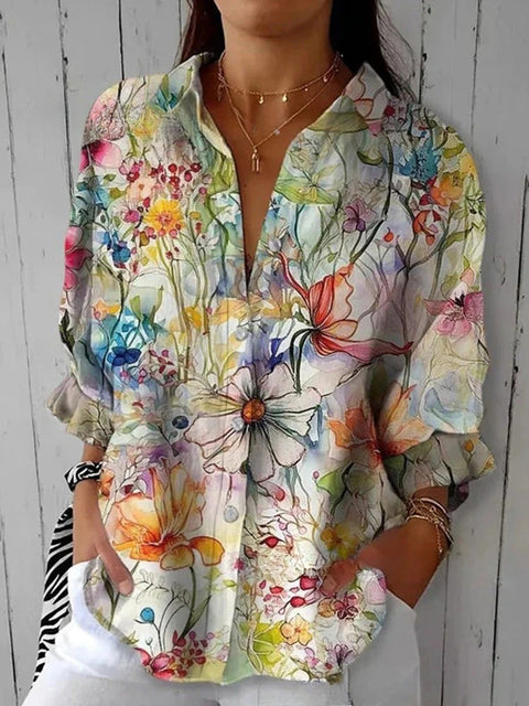 3D digital printing abstract pattern women's long-sleeved buckle linen shirt m302749-01