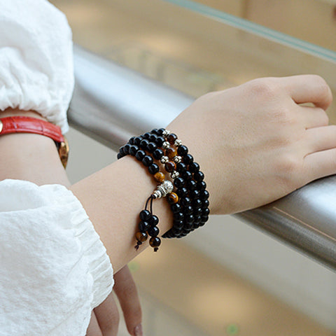 Women's tiger's eye stone bracelet, ethnic style 108 Buddha beads, multi-circle crystal m3331296