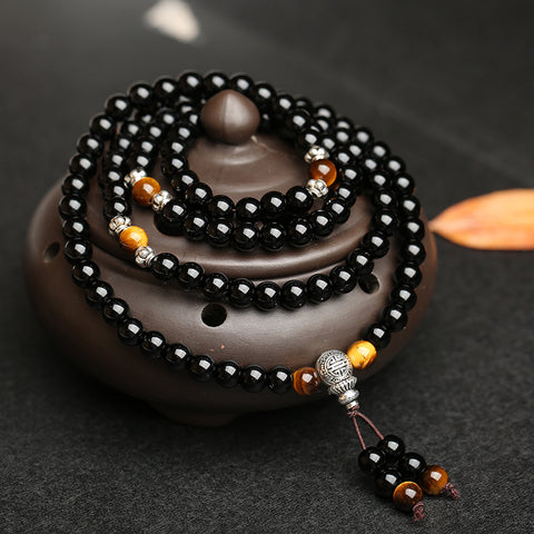 Women's tiger's eye stone bracelet, ethnic style 108 Buddha beads, multi-circle crystal m3331296