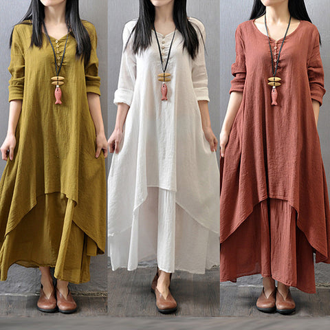 Spring and Autumn Break two-piece long dress literary pendulum linen dress loose long-sleeved cotton and linen skirt m302521