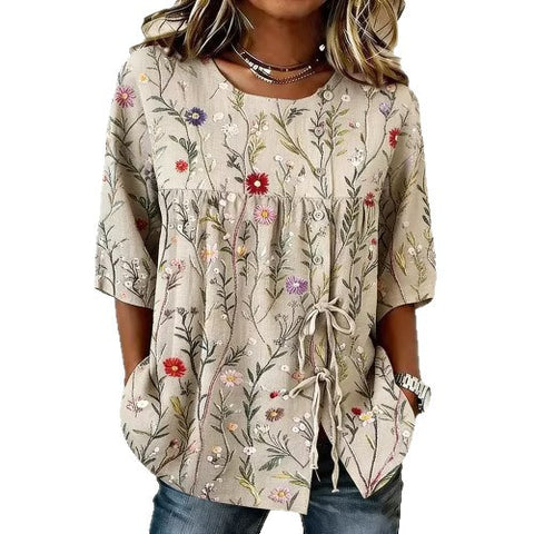 Temperament women's long-sleeved shirt printed top lace-up shirt m302925