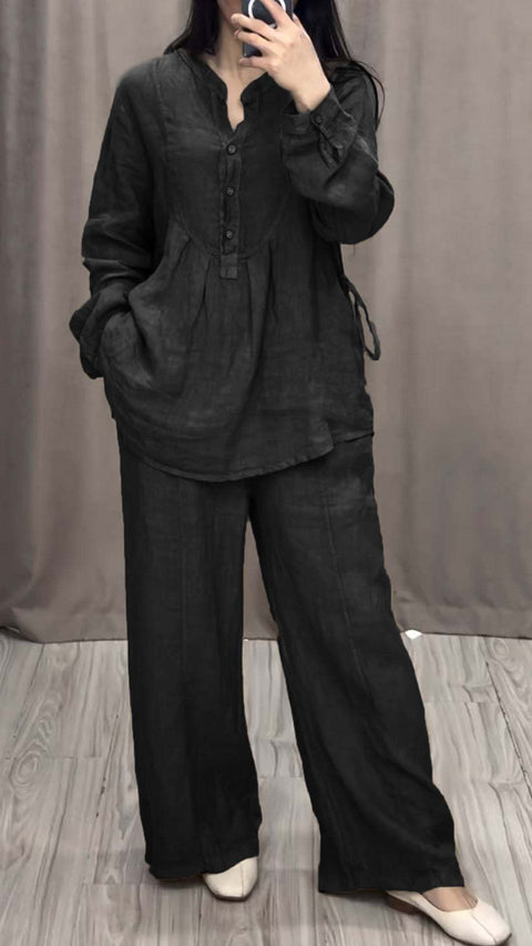 New fashionable and comfortable cotton and linen long-sleeved semi-open placket casual pleated wide-leg pants set m301930