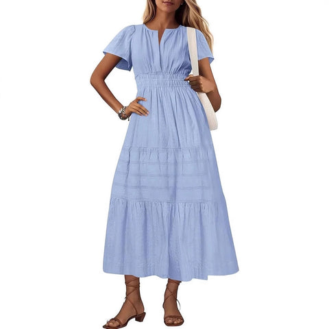 Fashion V-neck pleated bubble sleeves layered pendulum dress women m302009