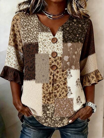 Small V-neck shirt flared sleeve printed button-down shirt m302753