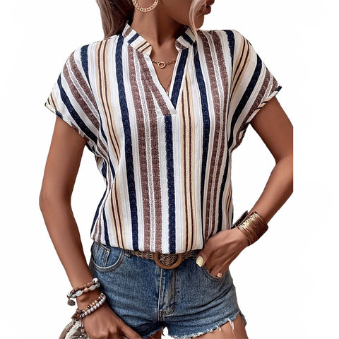 Striped print V-neck bat sleeve shirt T-shirt m302617