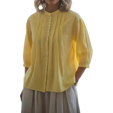 Women's cotton shirt solid color casual button-down pleated shirt m302690