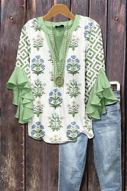 Digital printing casual trend V-neck lotus edge T-shirt women's m302725-1