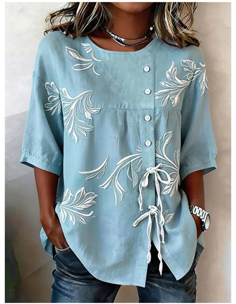 Color matching loose blouse five-button drawstring m302924