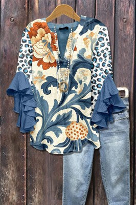 Digital printing casual trend V-neck lotus edge T-shirt women's m302725-1