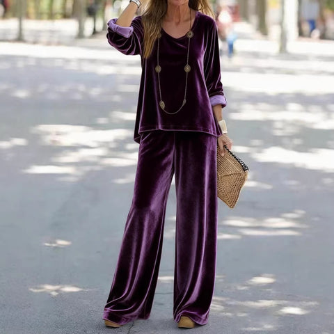Casual V-neck pullover long sleeve plus trousers velvet multi-color women's suit FF303105