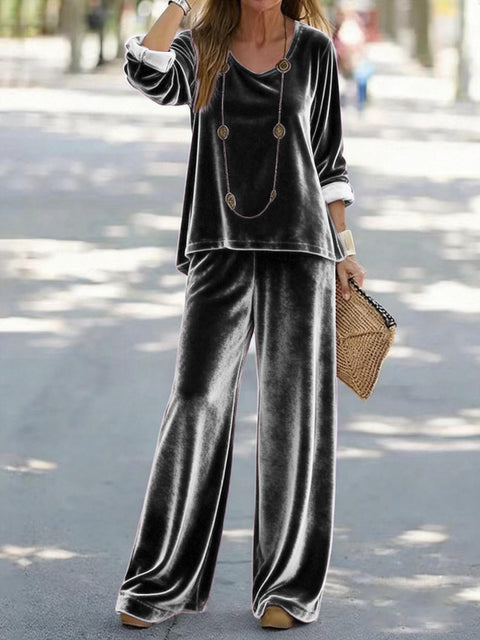 Casual V-neck pullover long sleeve plus trousers velvet multi-color women's suit FF303105