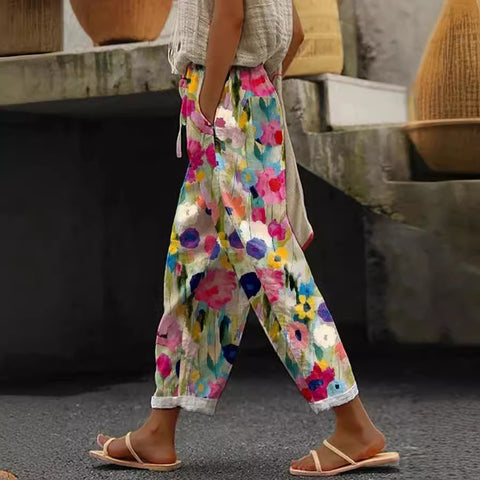 Women's pocket casual printing elastic waist trousers straight-leg trousers m301372