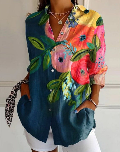 3D digital printing abstract pattern women's long-sleeved buckle linen shirt m302749-01