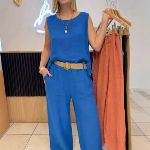 Women's cotton and linen solid color sleeveless trousers 2-piece set m302325