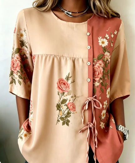 Color matching loose blouse five-button drawstring m302924