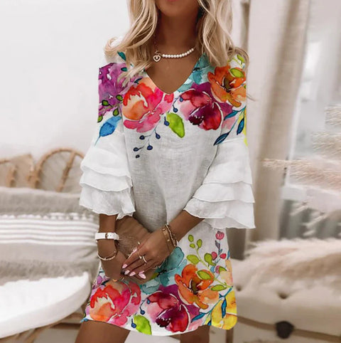 Fresh printed V-neck 3/4-sleeve mini women's dress m302854
