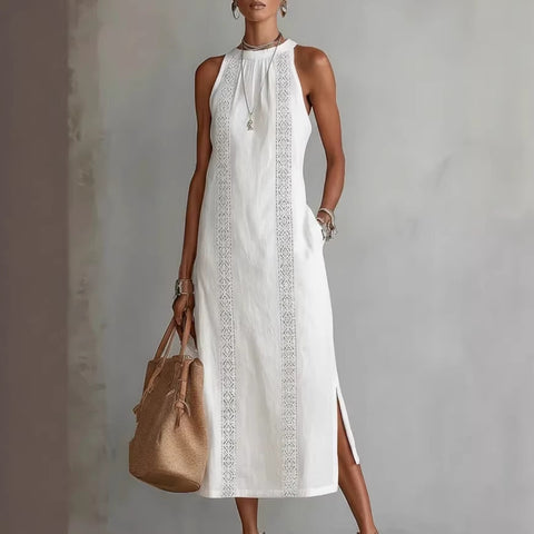 Women's clothing neck holiday solid color lace splicing sleeveless dress m302923