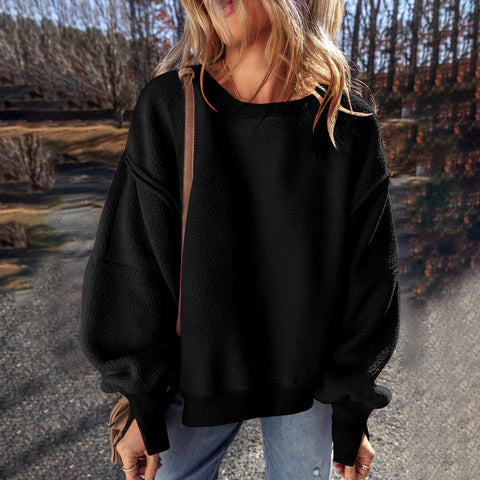 Splicing design hem irregular loose plush sweater top women m301914