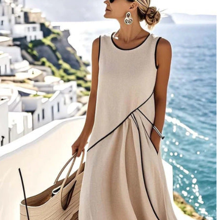 Crew neck sleeveless contrasting color loose and thin cross dress m302458