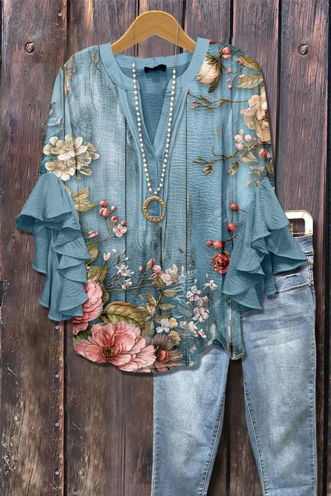 Creative floral element printing digital printing casual trend V-neck lotus edge T-shirt m301358
