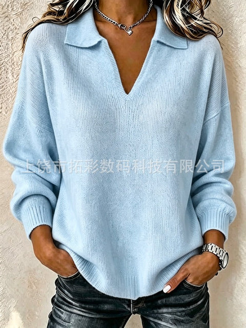 Digital Printed Women's Christmas Lapel Long Sleeve Solid Color Knitted Fleece Sweater FF303269