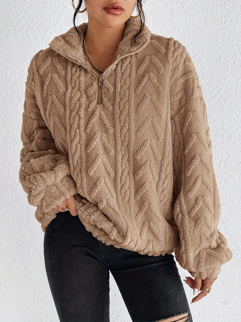 Double-sided plush latte casual zipper pullover top m302162