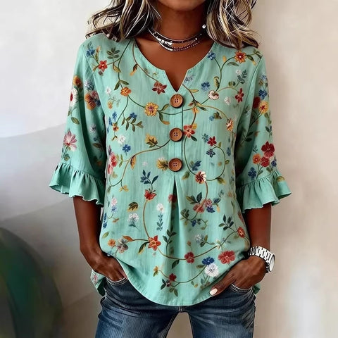 Small V-neck shirt flared sleeve printed button-down shirt m302753