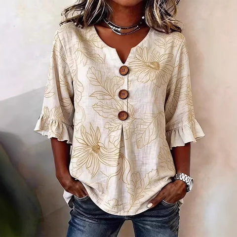Small V-neck shirt flared sleeve printed button-down shirt m302753