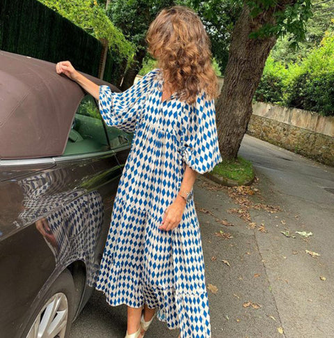 Geometric print bubble sleeve dress street fried street skirt m300902