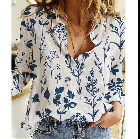 3D digital printing abstract pattern women's long-sleeved buckle linen shirt m302749-01