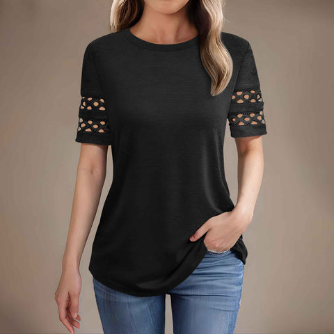 Summer new lace splicing short-sleeved t-shirt crew neck top m301942