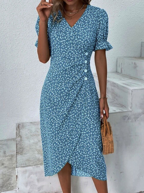Geometric collage bubble sleeves irregular hem dress m301272