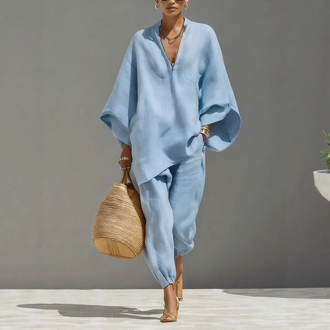 Women's casual style design bat sleeve V-neck lazy loose set m302386