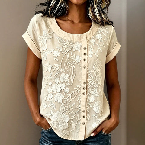 Ethnic style flower embroidered top large size loose cotton and linen texture short-sleeved temperament casual shirt m302765