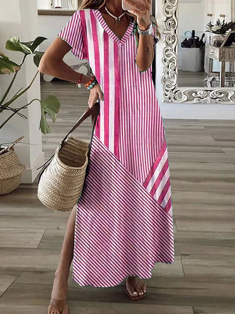 Stripe positioning printed V-neck split dress m301462