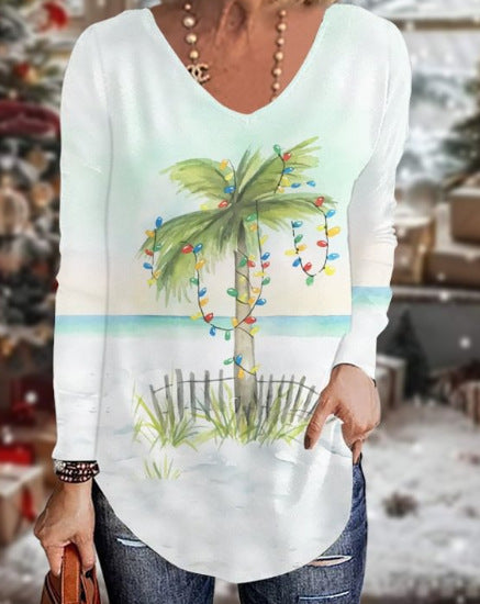 Loose 3D V-neck long-sleeved T-shirt women's Christmas printed bottoming shirt m302098