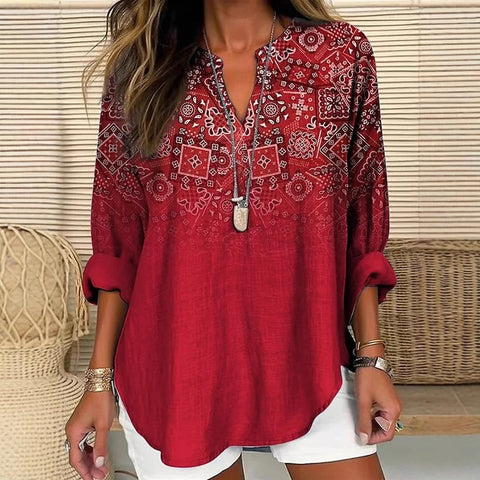 Small V-neck long-sleeved floral simple casual temperament T-shirt m302763