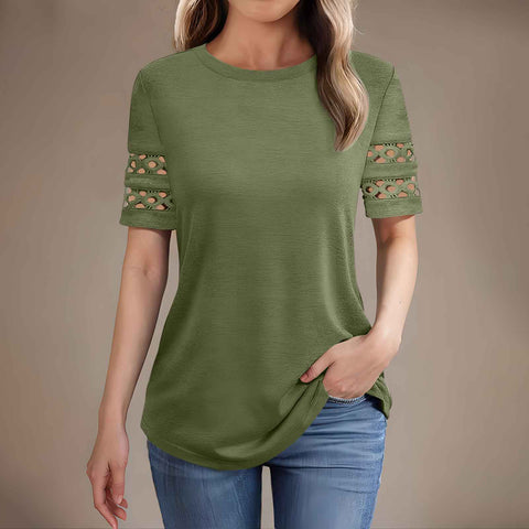 Summer new lace splicing short-sleeved t-shirt crew neck top m301942