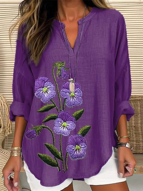 Loose 3D Printed V-Neck Shirt Long Sleeve T-Shirt m301360