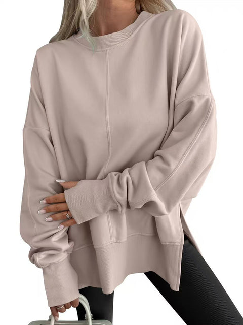 Loose sweater side split splicing round neck bat sleeve fleece top m302100