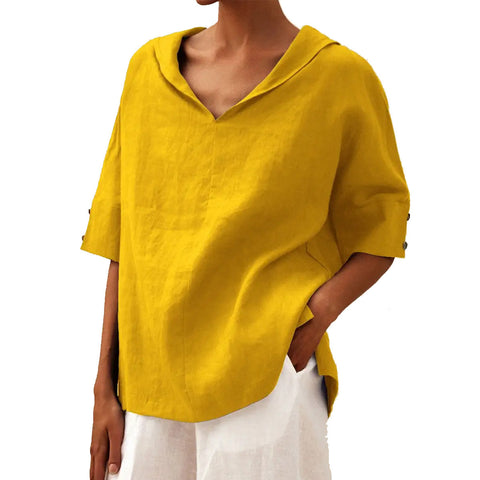 Women's solid color cotton and linen loose hooded top T-shirt m301294