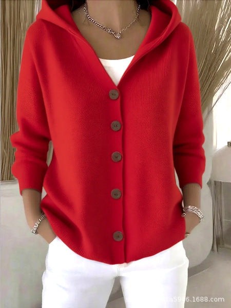 New black button hooded cardigan women's pure leisure fashion sweater jacket women's Christmas m302115