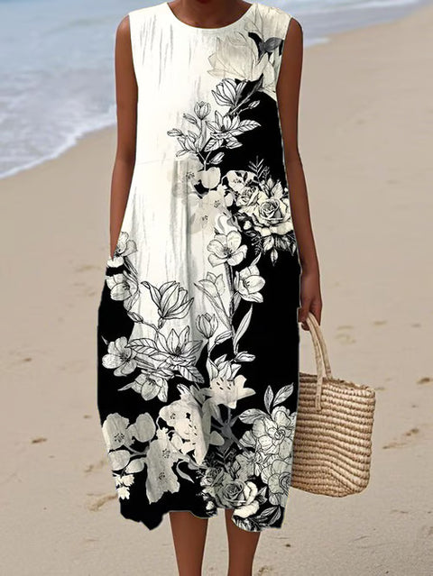 New sleeveless casual printing temperament long dress dress slim fit small fresh m302083