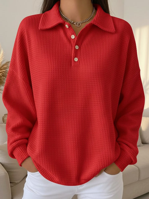 Loose solid color lapel versatile polo shirt waffle long sleeve women's top m302256